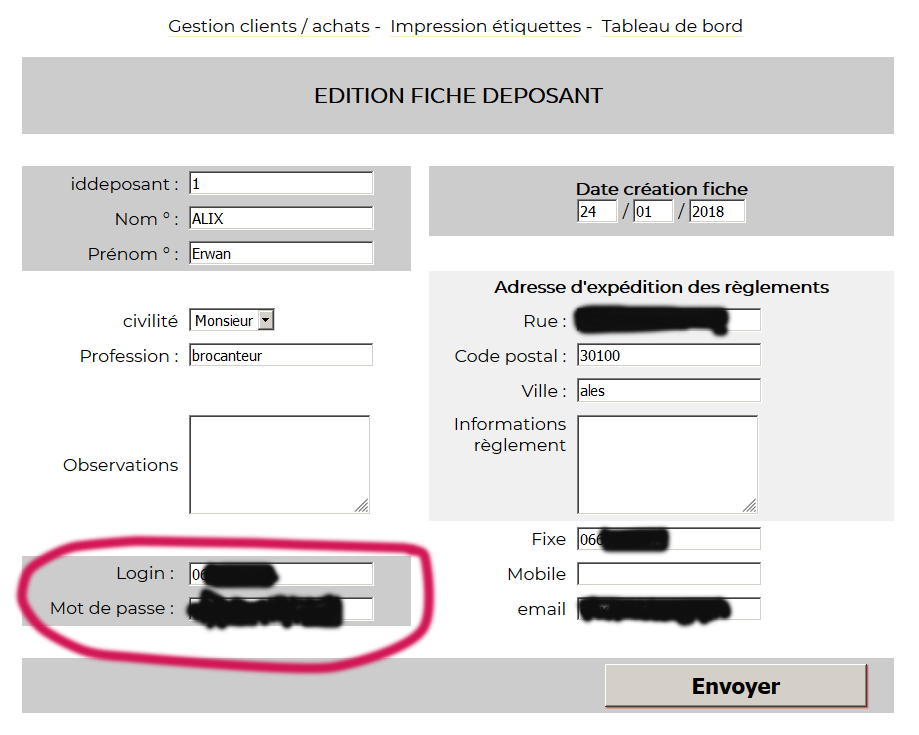 fenetre logiciel creation fiche deposant depot vente